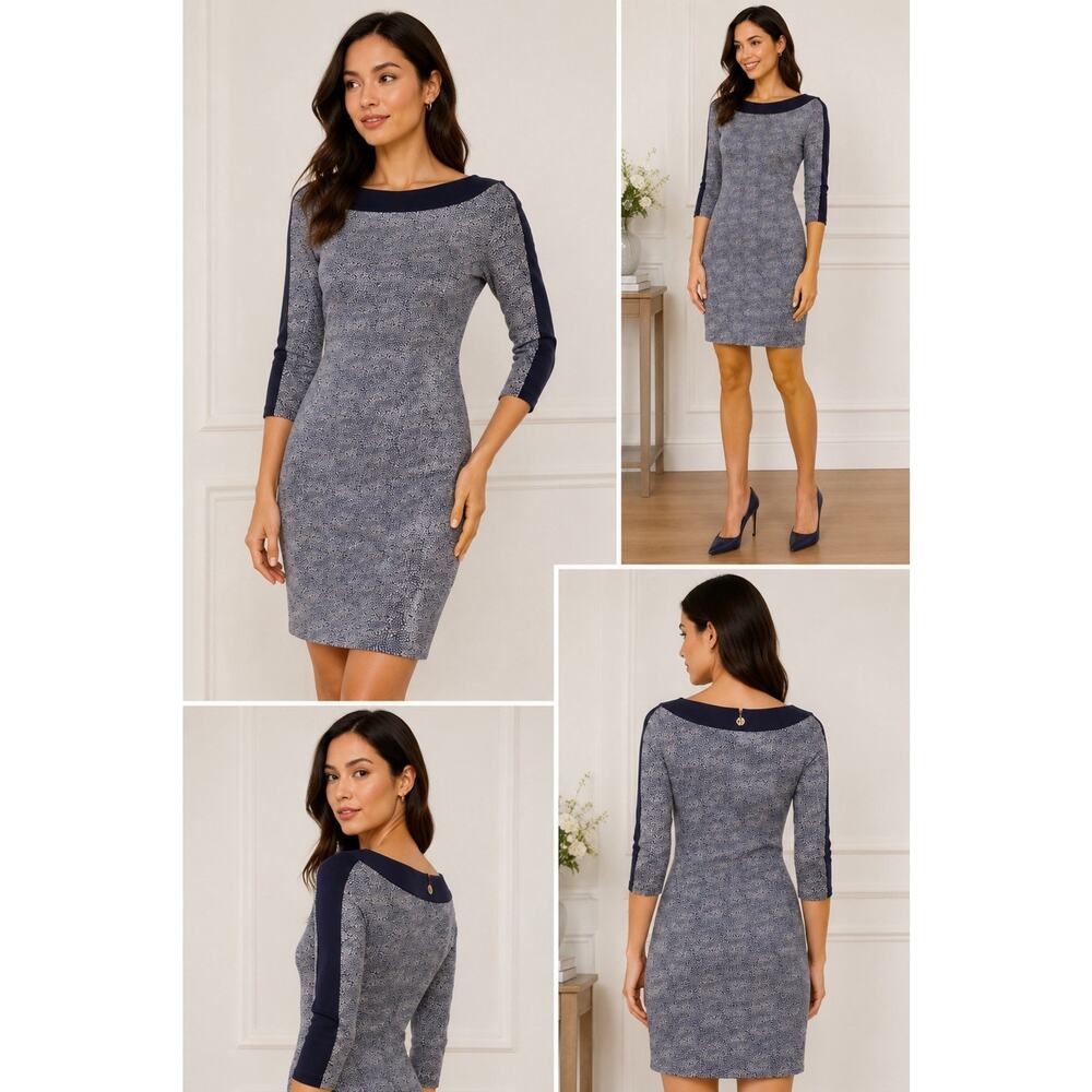 Tory Burch Silk Sheath Dress Blue Printed Bateau Neck 3/4 Sleeve XS